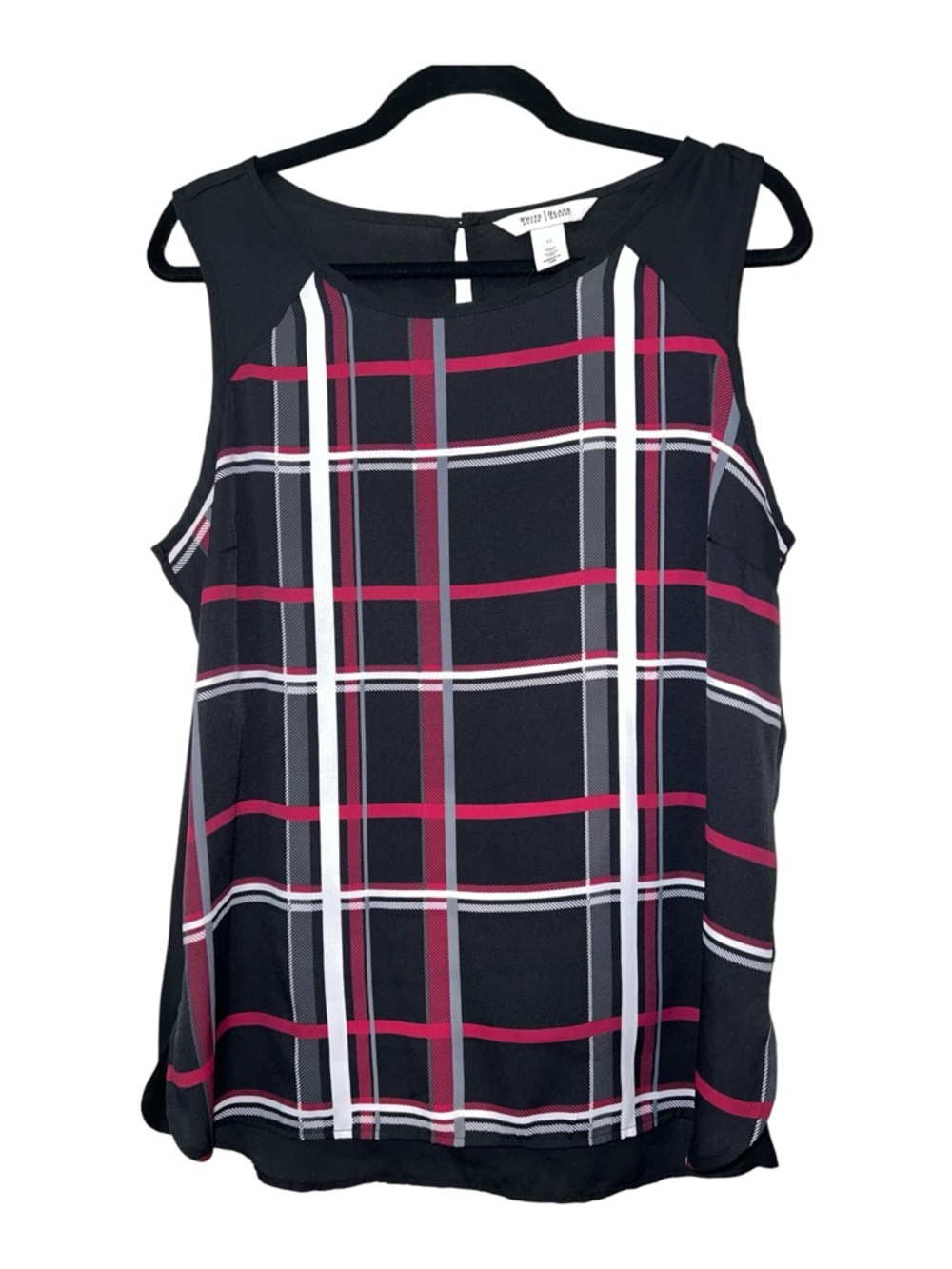 White House Black Market Plaid Sleeveless Blouse Size 12 Black Red Career Top